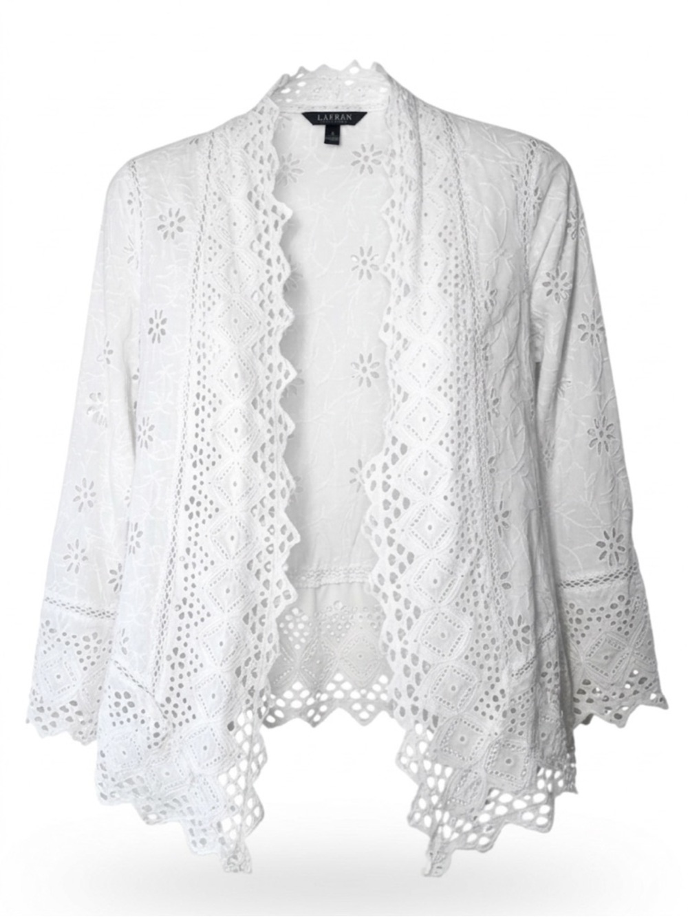 Ralph Lauren Eyelet Cotton Jacket Embroidered Boho‎ Lace Floral Open Front White
